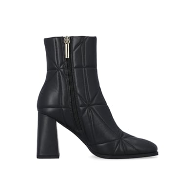 Black wide fit quilted heeled ankle boots River Island