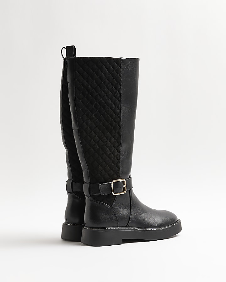 Black wide fit quilted knee high boots