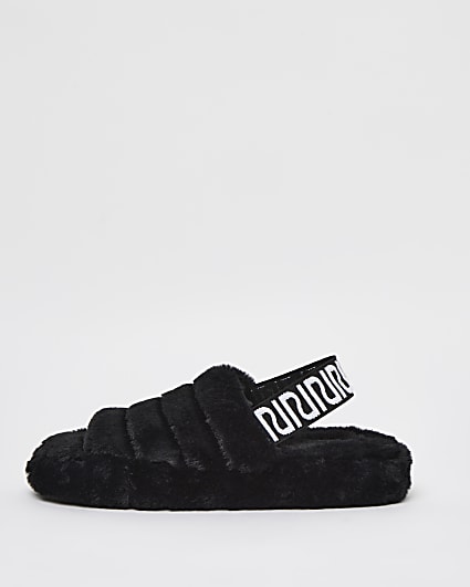 Black wide fit RI branded faux fur slippers