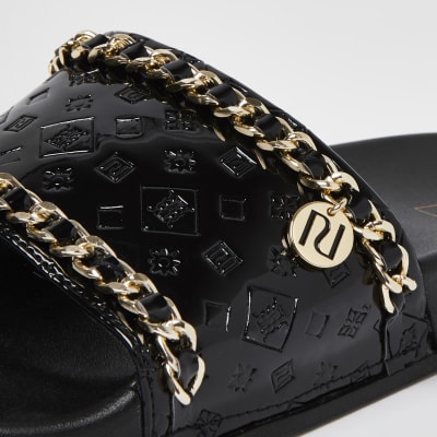 Black wide fit RI embossed gold chain sliders