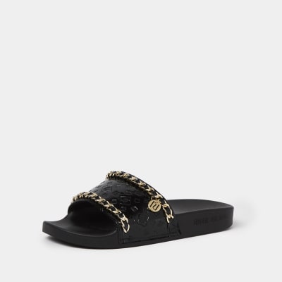 Black wide fit RI embossed gold chain sliders