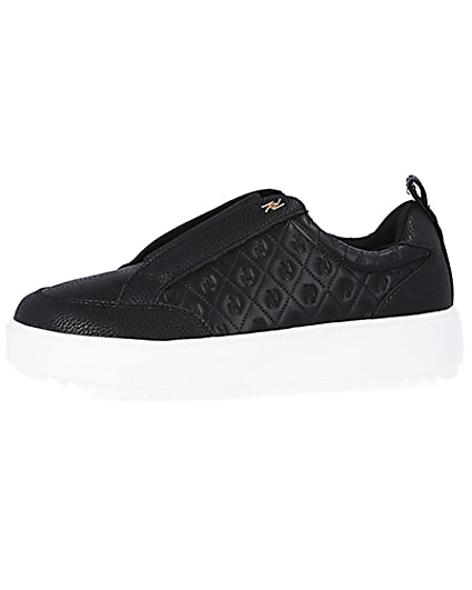 360 degree animation of product Black wide fit RI monogram embossed trainers frame-2