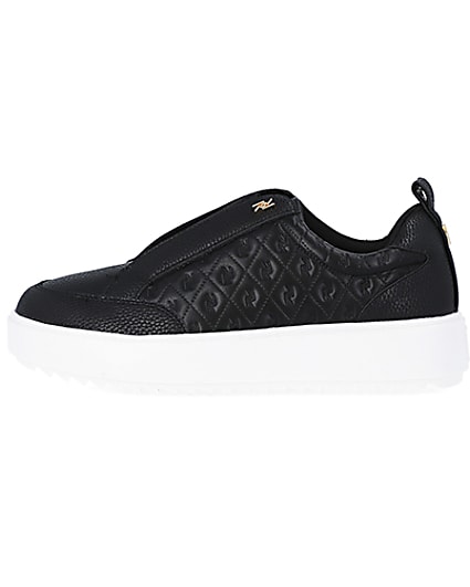 360 degree animation of product Black wide fit RI monogram embossed trainers frame-3