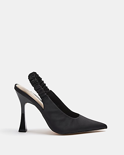 Black wide fit ruched heeled court shoes