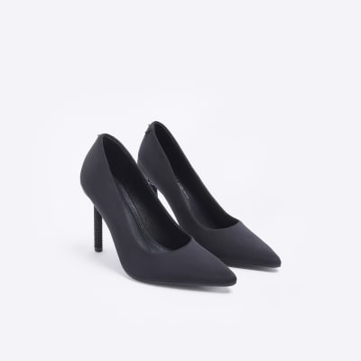 Black wide fit satin heeled court shoes River Island