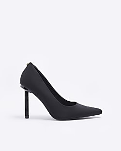 Black wide fit satin heeled court shoes