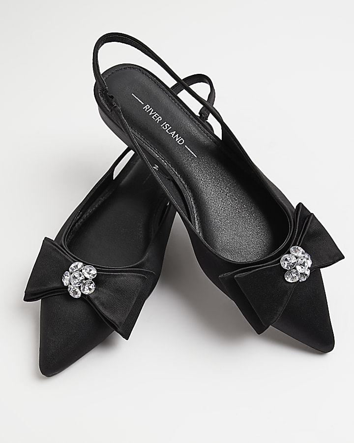 Black wide fit satin slingback bow shoes