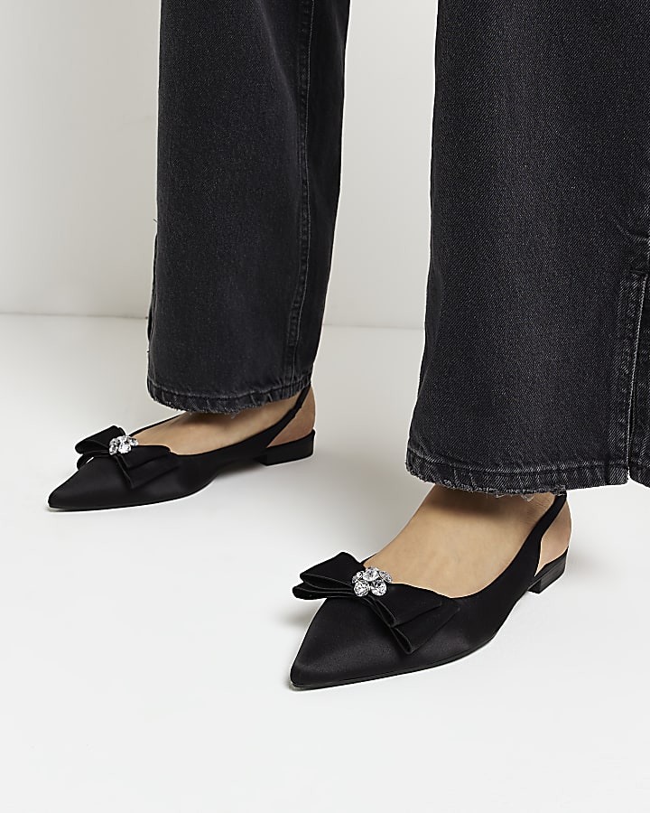 Black wide fit satin slingback bow shoes
