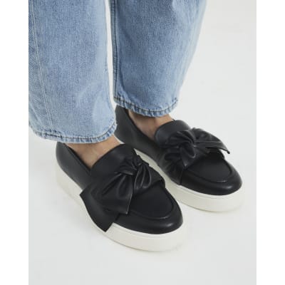 Black Wide Fit Slip On Bow Trainers River Island