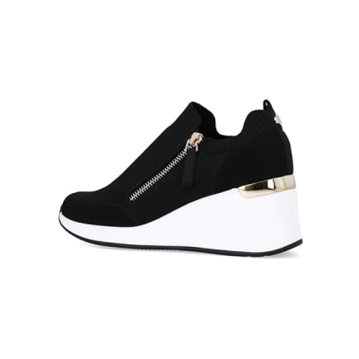 360 degree animation of product Black wide fit slip on wedge trainers frame-5