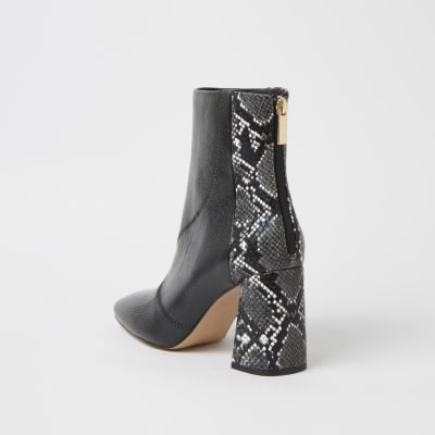 Black wide fit snake print block heel boots
