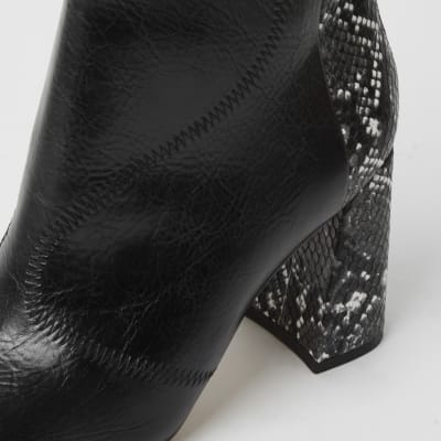 Black wide fit snake print block heel boots