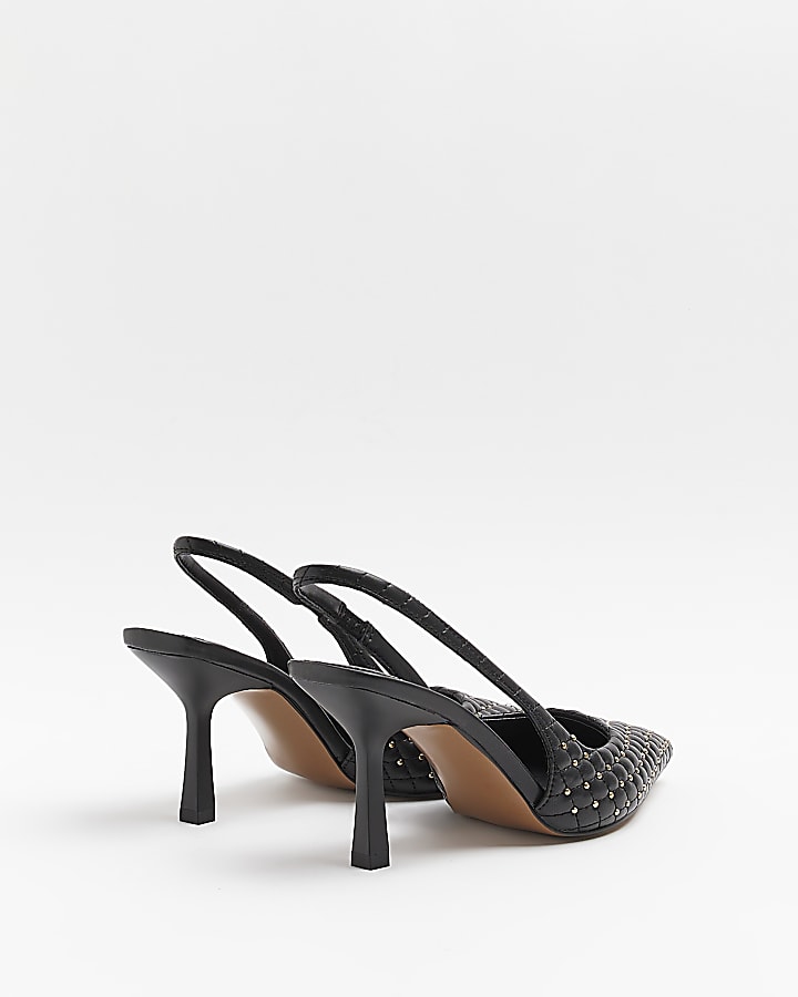 Black wide fit stud heeled court shoes