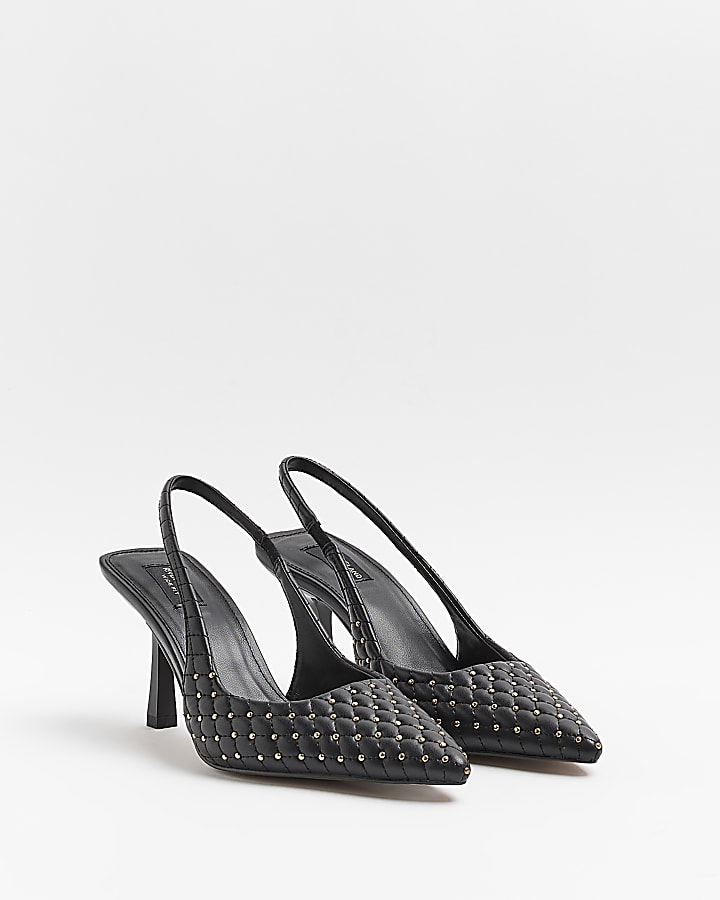 Black wide fit stud heeled court shoes