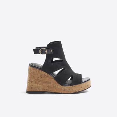 Black wedge sandals online wide fit