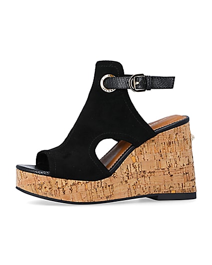 360 degree animation of product Black wide fit wedge heeled sandals frame-2