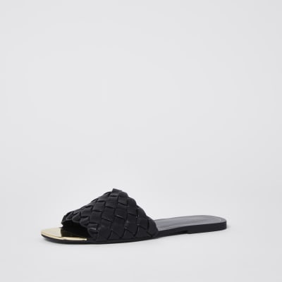 Black wide fit woven flat sandal