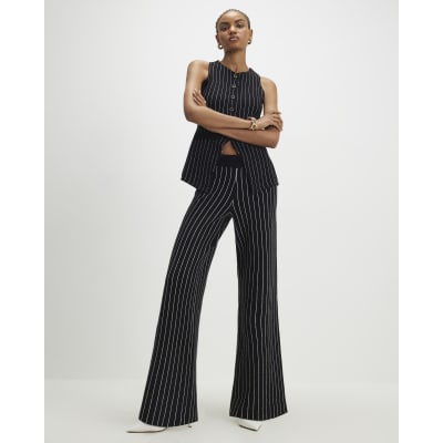 Black Wide Leg Pinstripe Knitted Trousers