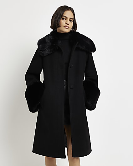 Black wool faux fur longline coat