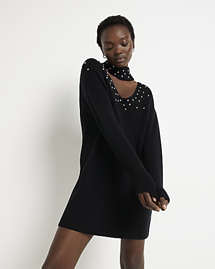 Black wool long sleeve jumper mini dress