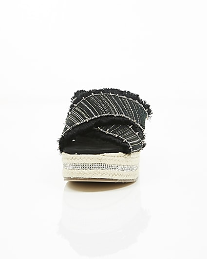 360 degree animation of product Black woven chain trim espadrille wedges frame-3
