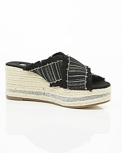 360 degree animation of product Black woven chain trim espadrille wedges frame-8