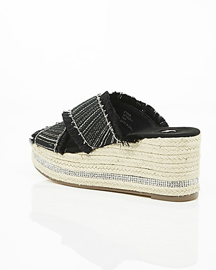 360 degree animation of product Black woven chain trim espadrille wedges frame-19