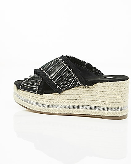 360 degree animation of product Black woven chain trim espadrille wedges frame-20