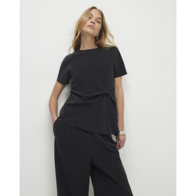 Black Woven Cupro Gathered Side Top