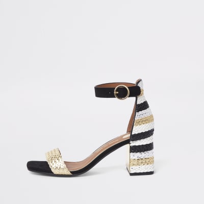Black woven metallic block heel sandals