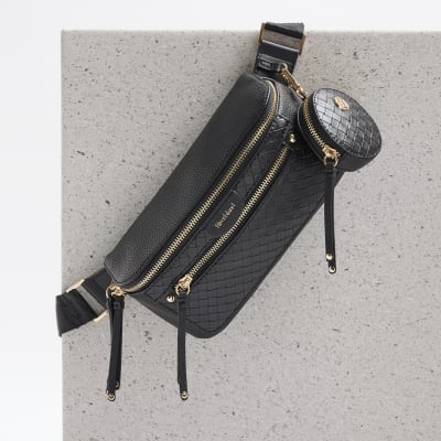 Black woven Pocket Front Bum Bag River Island