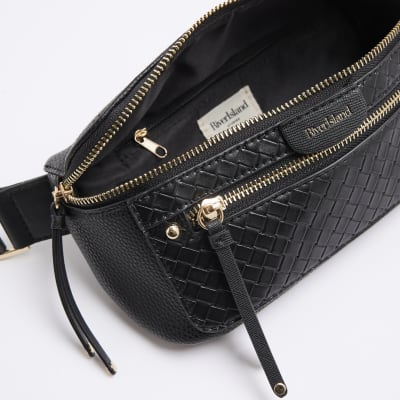 Black woven Pocket Front Bum Bag River Island