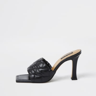 Black woven square toe mule sandal
