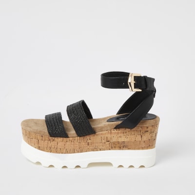 Black woven strappy wedge sandals | River Island