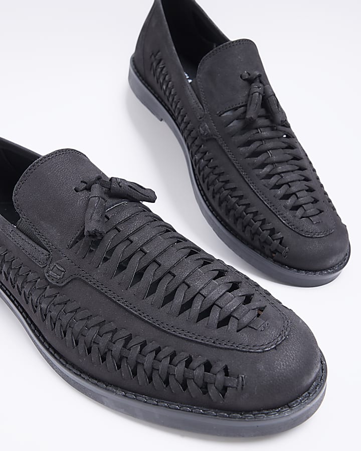 Black woven tassel detail loafers