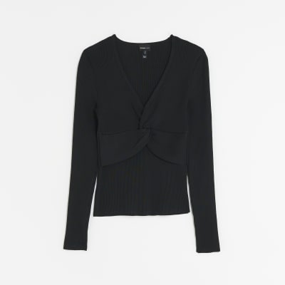 Black wrap long sleeve top River Island