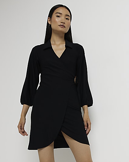 Black wrap mini shirt dress