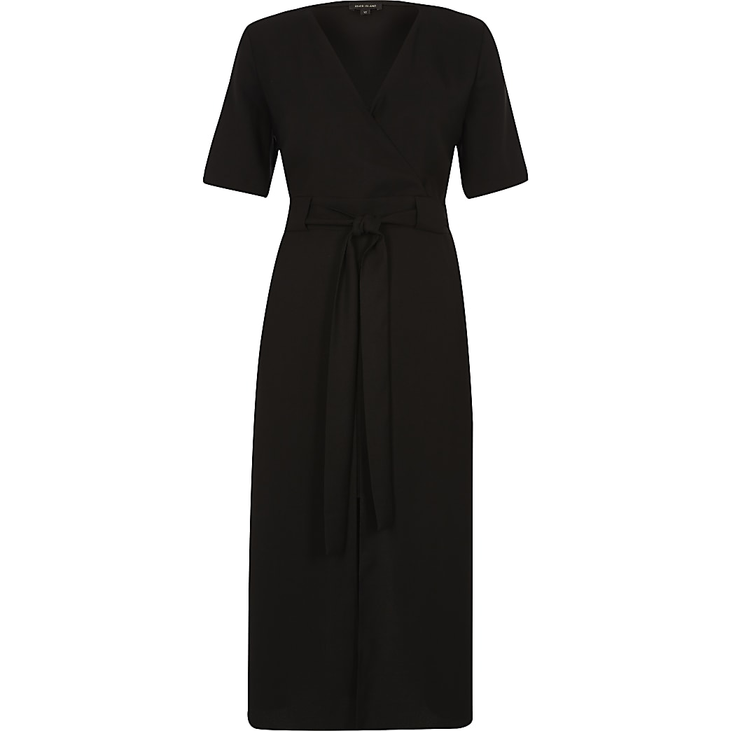 Black wrap short sleeve midi dress | River Island