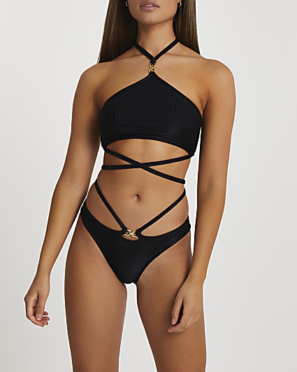 Black wrap strap halter bikini top