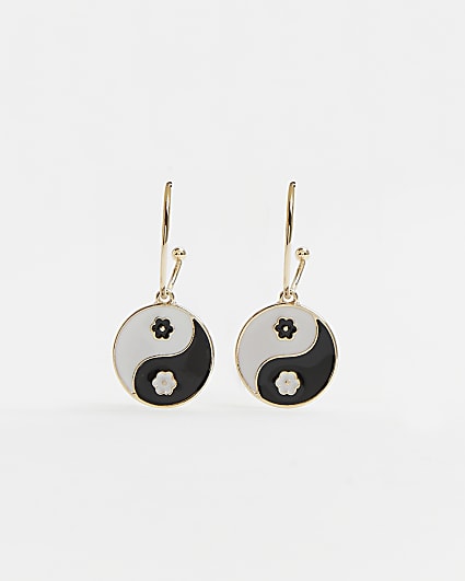 Black Ying Yang drop hoop earrings