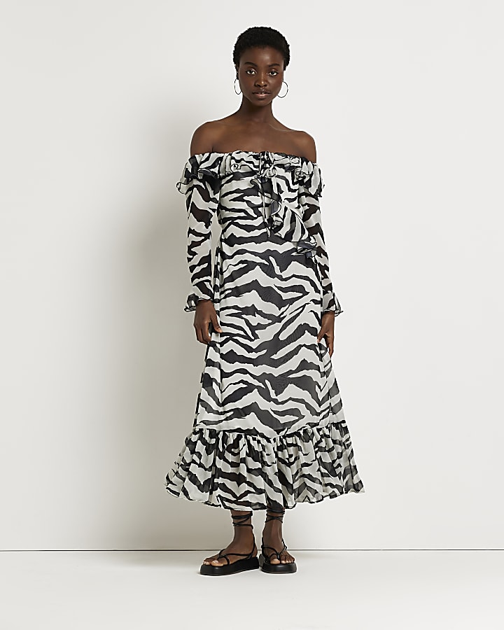 Black zebra print bardot maxi dress