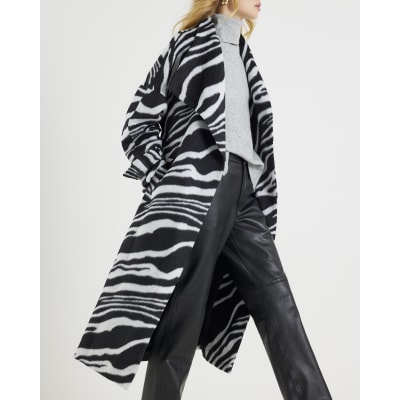 Black Zebra Print Batwing Sleeve Belted Coat