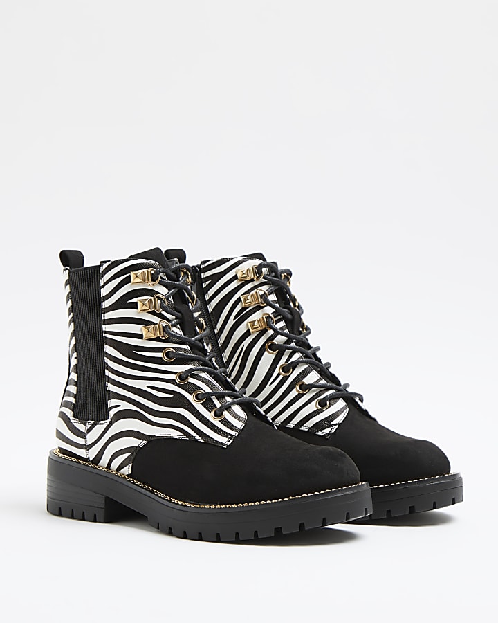 Black zebra print chunky boots