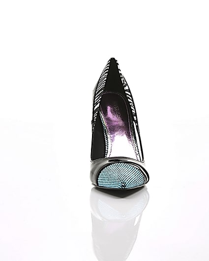 360 degree animation of product Black zebra print colour block court shoes frame-4