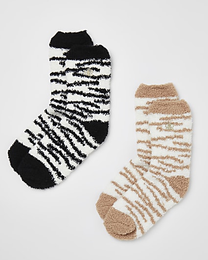 Black zebra print fluffy socks multipack