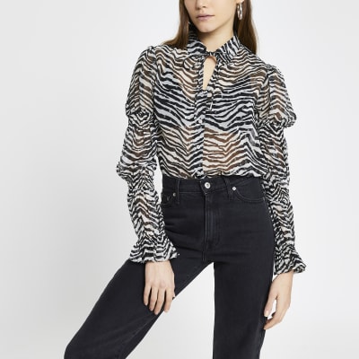 Black zebra print shirred long sleeve shirt
