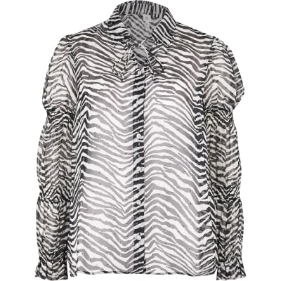 Black zebra print shirred long sleeve shirt