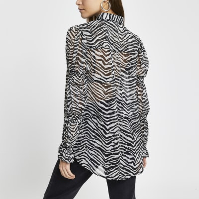Black zebra print shirred long sleeve shirt