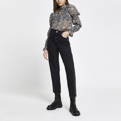 Black zebra print shirred long sleeve shirt