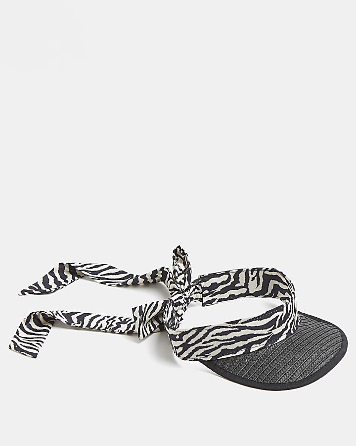 Black zebra print woven straw visor